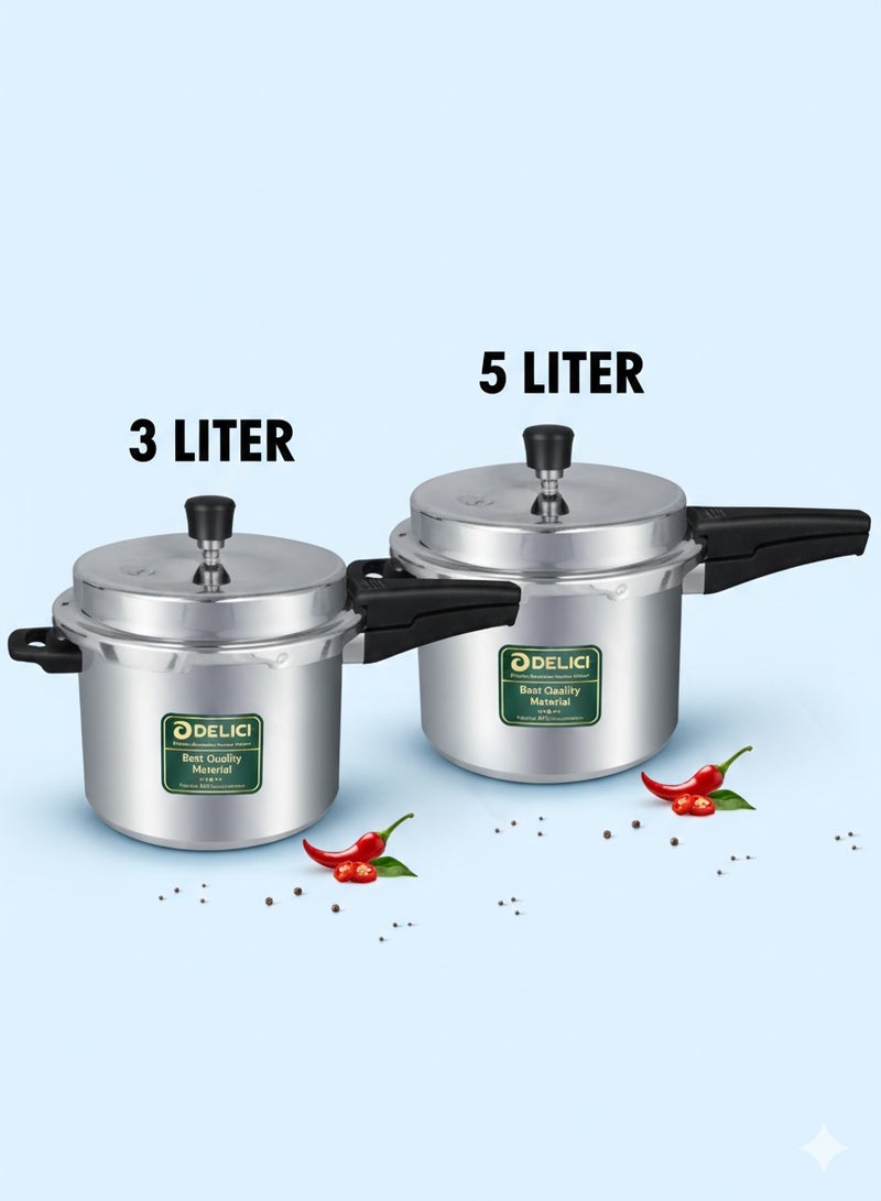 ديليتشي 5 Liters & 3 Liter Dripless Pressure Cooker - Premium Virgin Aluminium, Smart Spillage Control, High Thermal Heating, Quality Regulator, Leak-Free Lid, Heat-Proof Handle, Anti-Bulging Bottom Dripless Pressure Cooker 5 LTR & 3Liters 3 Litre Pressure Cooker Dripless - Premium Virgin Aluminum, Smart Spillage Control, High Thermal Heating, Quality Regulator, Leak-Free Lid, Heat-Proof Handle, Anti-Bulging Bottom Kitchen Food Cooking Preparation - ADPC3E Dripless Pressure Cooker 3 LTR Bundle - Image 1